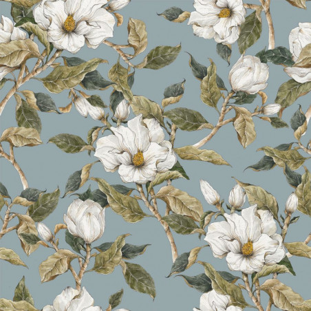 papier peint magnolias blancs sur fond bleu