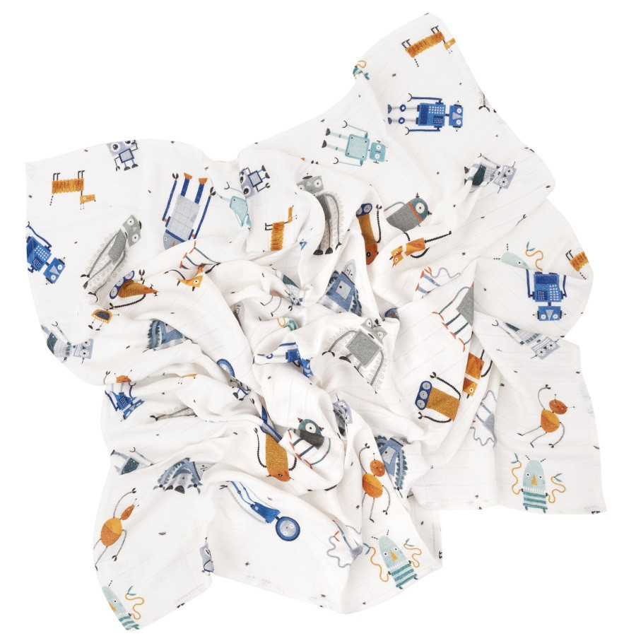 Lange en mousseline de bambou, motif robots Lange en mousseline de bambou, motif robots