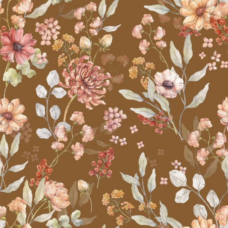 Echantillon papier peint fleurs d'automne fond marron