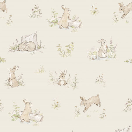 Papier peint enfant lapins curieux fond beige