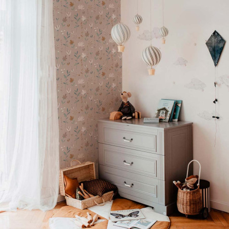 Papier peint enfant scandinavian spring meadow - fond mocca