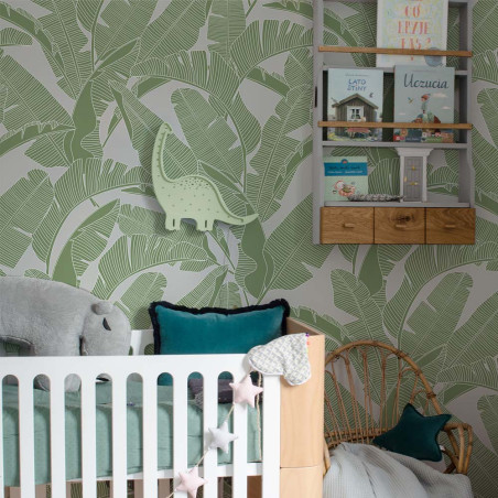 Papier peint feuilles de bananier gris et vert