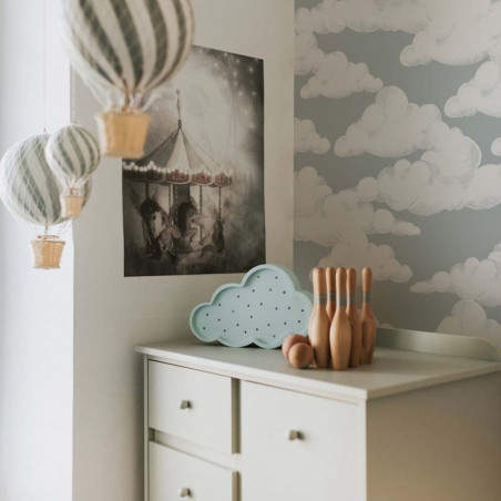 Papier peint enfant nuages fond gris vert