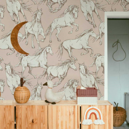 Papier peint chevaux fond rose