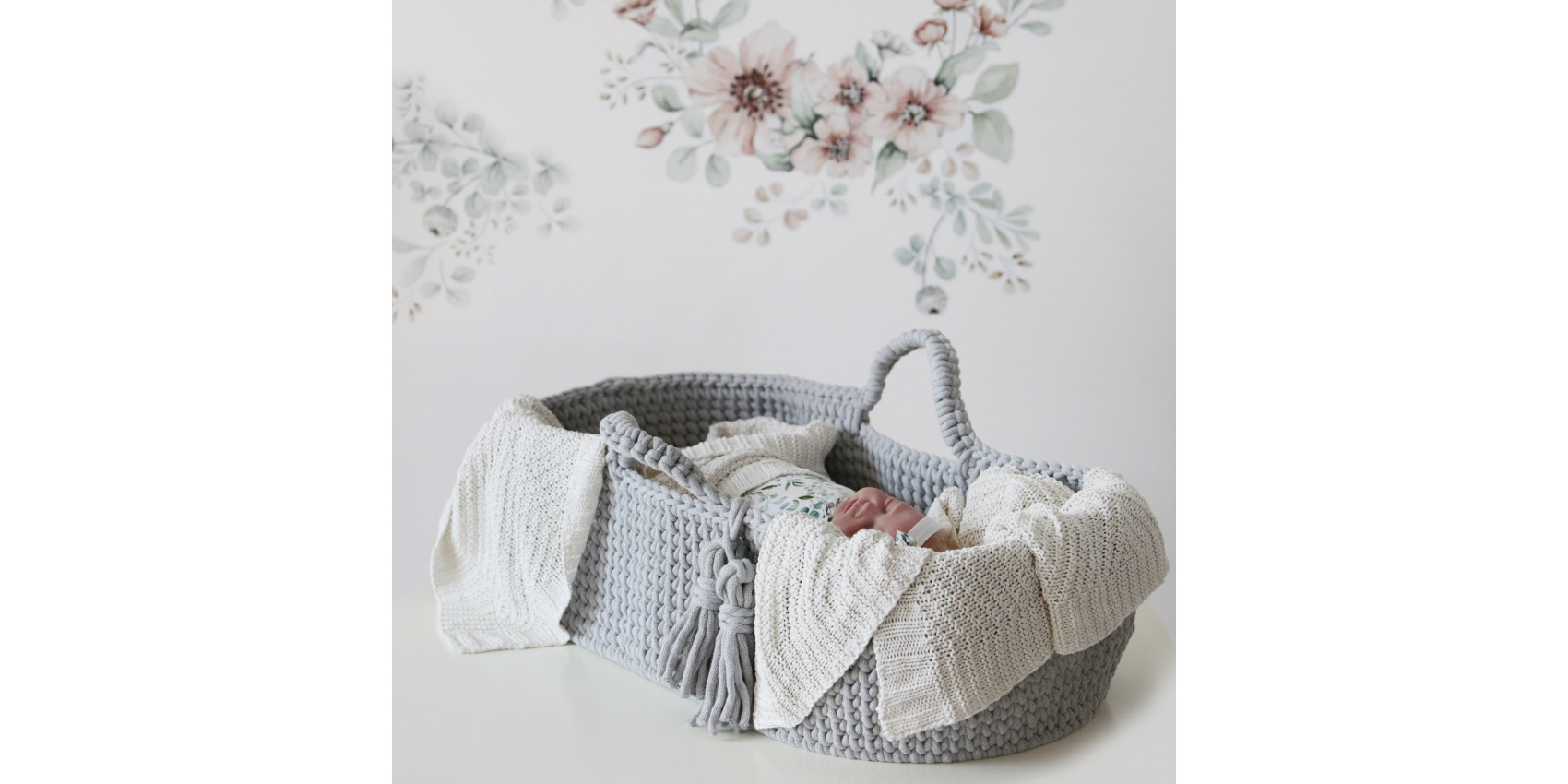 Clair De Lune Couffin En Osier Gaufré Gris 68 X 30 Cm Avec Tissus Coton Bleu