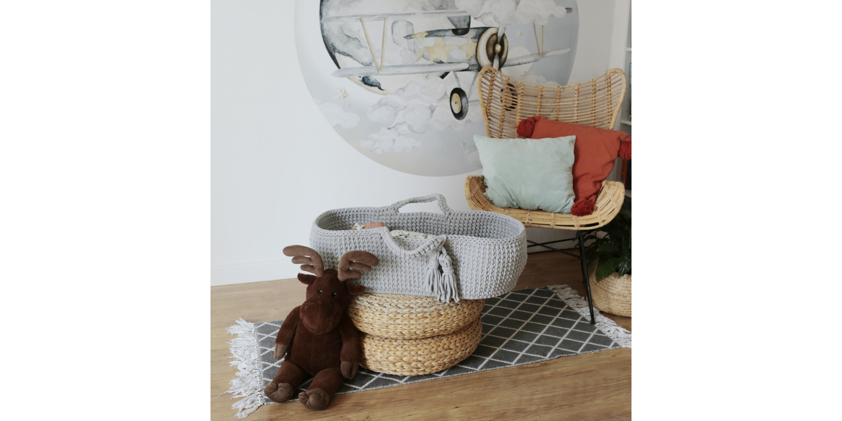 Couffin En Osier Gris Gaufré Avec Support à Bascule - 68 X 30 Cm - Naissance Jusqu'à 9 Kg
