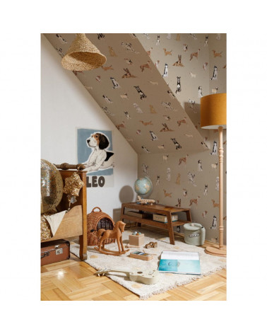 Papier peint enfant chiens - fond beige