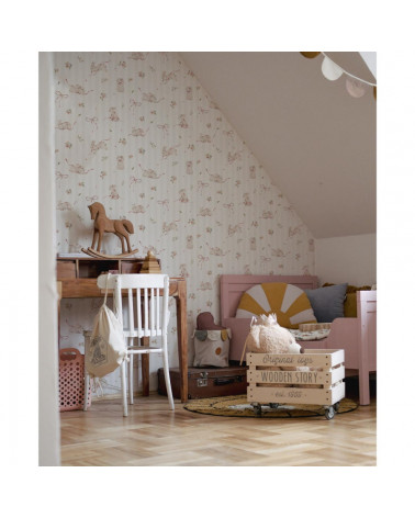 Papier peint enfant petits lapins roses sur fond à rayures