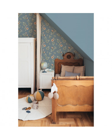 Papier peint enfant fleurs Boho fond bleu
