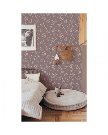 Papier peint enfant fleurs Boho fond violet