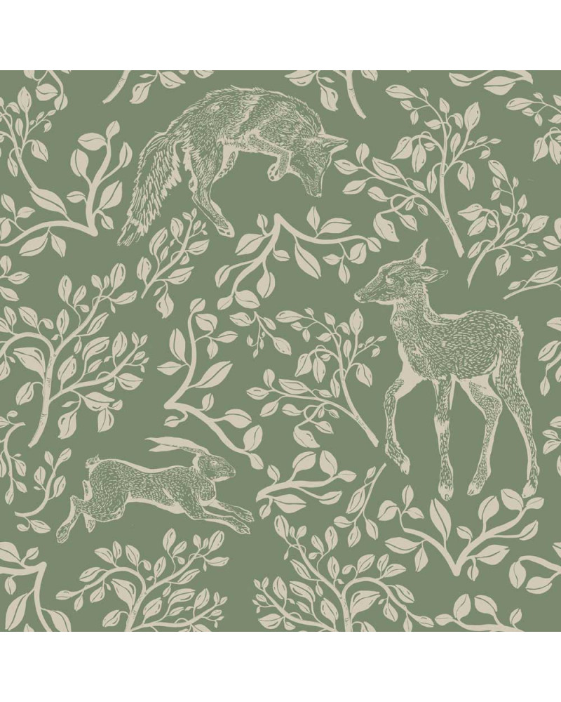 Echantillon Papier peint enfant animaux de conte de fées fond vert