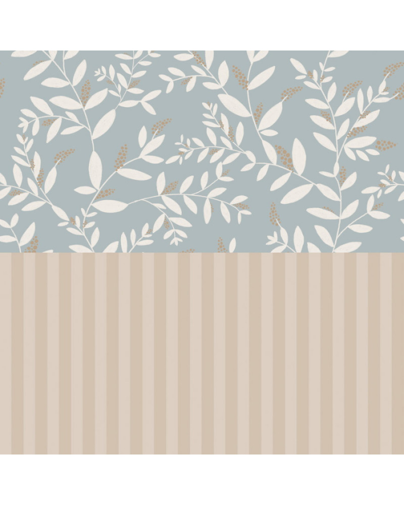 Papier peint enfant délicates brindilles fond bleu avec rayures beige