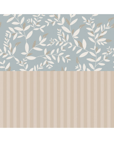 Papier peint enfant délicates brindilles fond bleu avec rayures beige