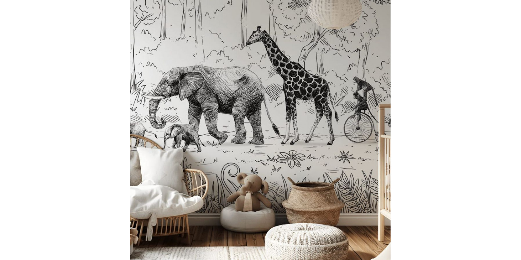 Papier peint enfant Animal Parade - Noir et Blanc - Kikki Belle