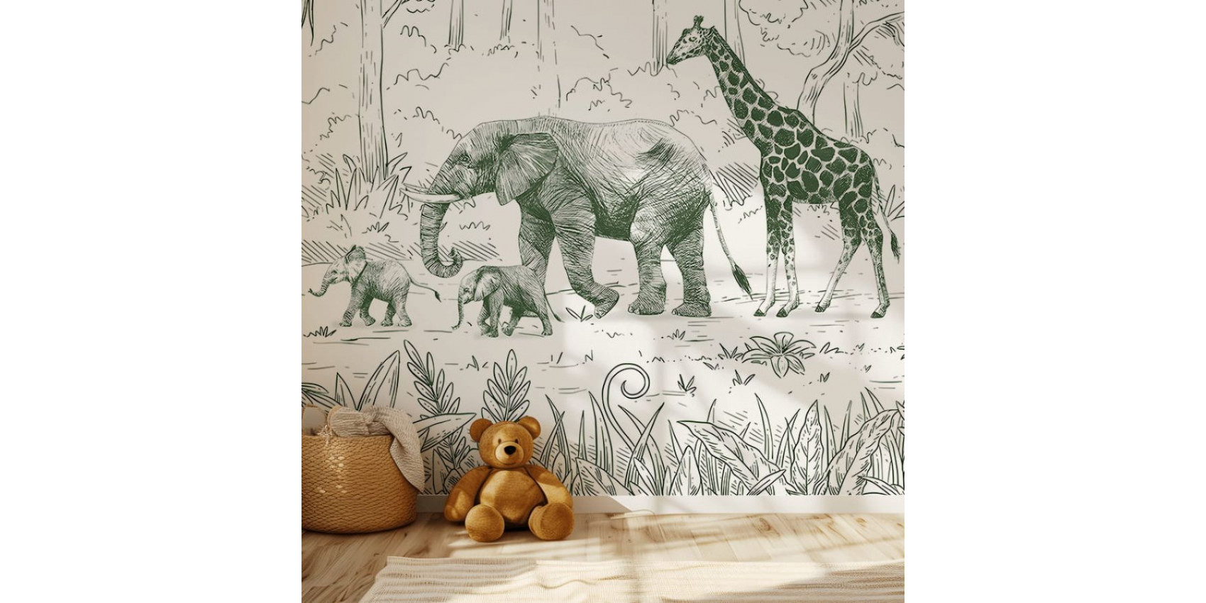 Papier peint enfant Animal Parade - Vert Kikki Belle