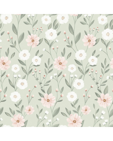 Papier peint enfant - éclosion florale fond vert - Lilipinso