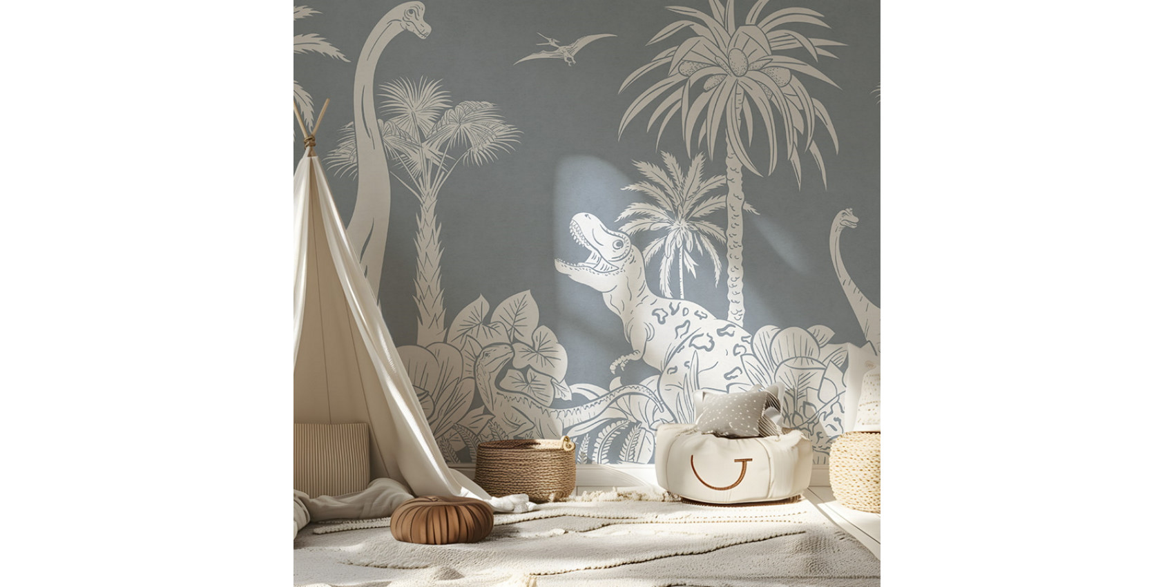 Papier peint enfant Monochrome Dino - Blue