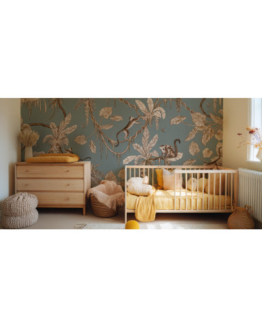 Papier peint enfant Playful Monkeys - vintage green