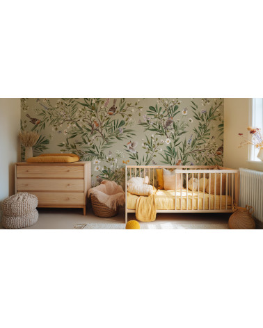 Papier peint enfant Playful Robins - Green