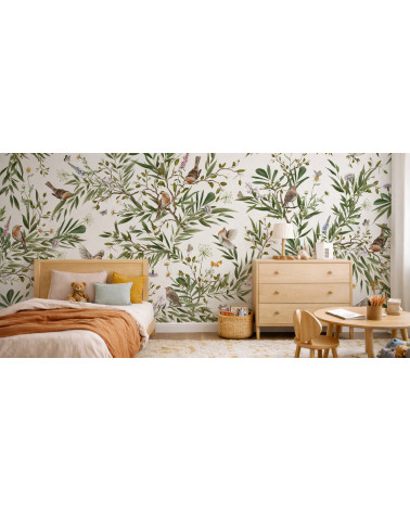 Papier peint enfant Playful Robins - White