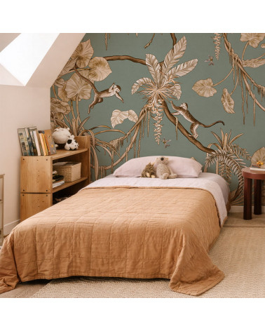 Papier peint enfant Playful Monkeys - vintage green