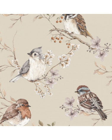 Papier peint oiseaux dans les feuilles fond beige