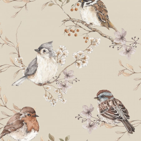 Papier peint oiseaux dans les feuilles fond beige