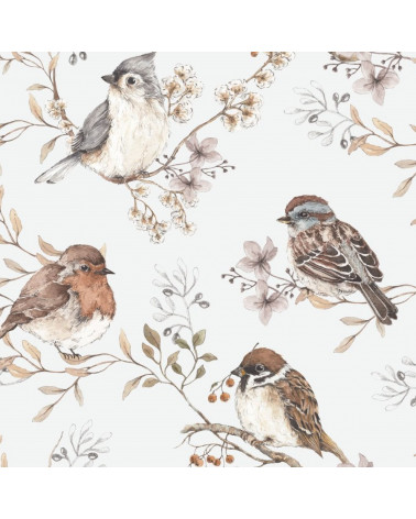 papier peint oiseaux sur ciel blanc gris feuilles dekornik -petit bison